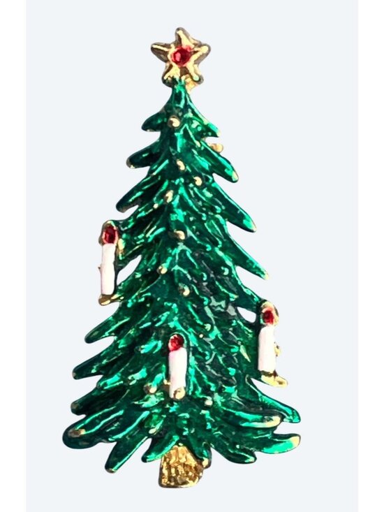 Unbranded Jewelry - Green Enamel Gold Tone Candles Christmas Tree with Candles Pin Brooch Vintage